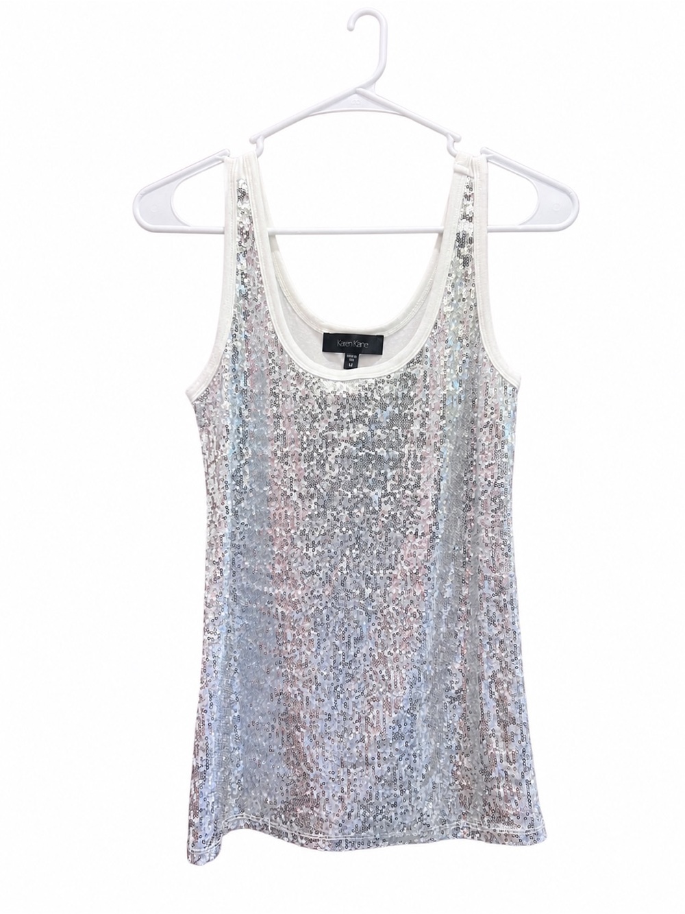 Karen Kane Iridescent Silver Sequin Tank with White Trim